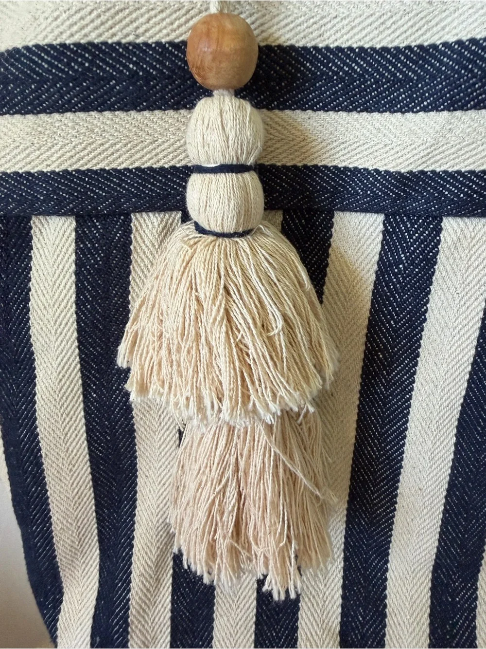 J.Jill Navy & White Striped Woven Tote Bag with Boho Tassel